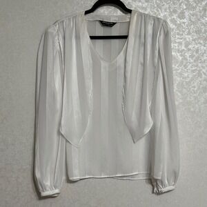 Pierre Cardin Vintage V-neck White Satin Blouse Long Sleeve Striped Tie Top Sz M